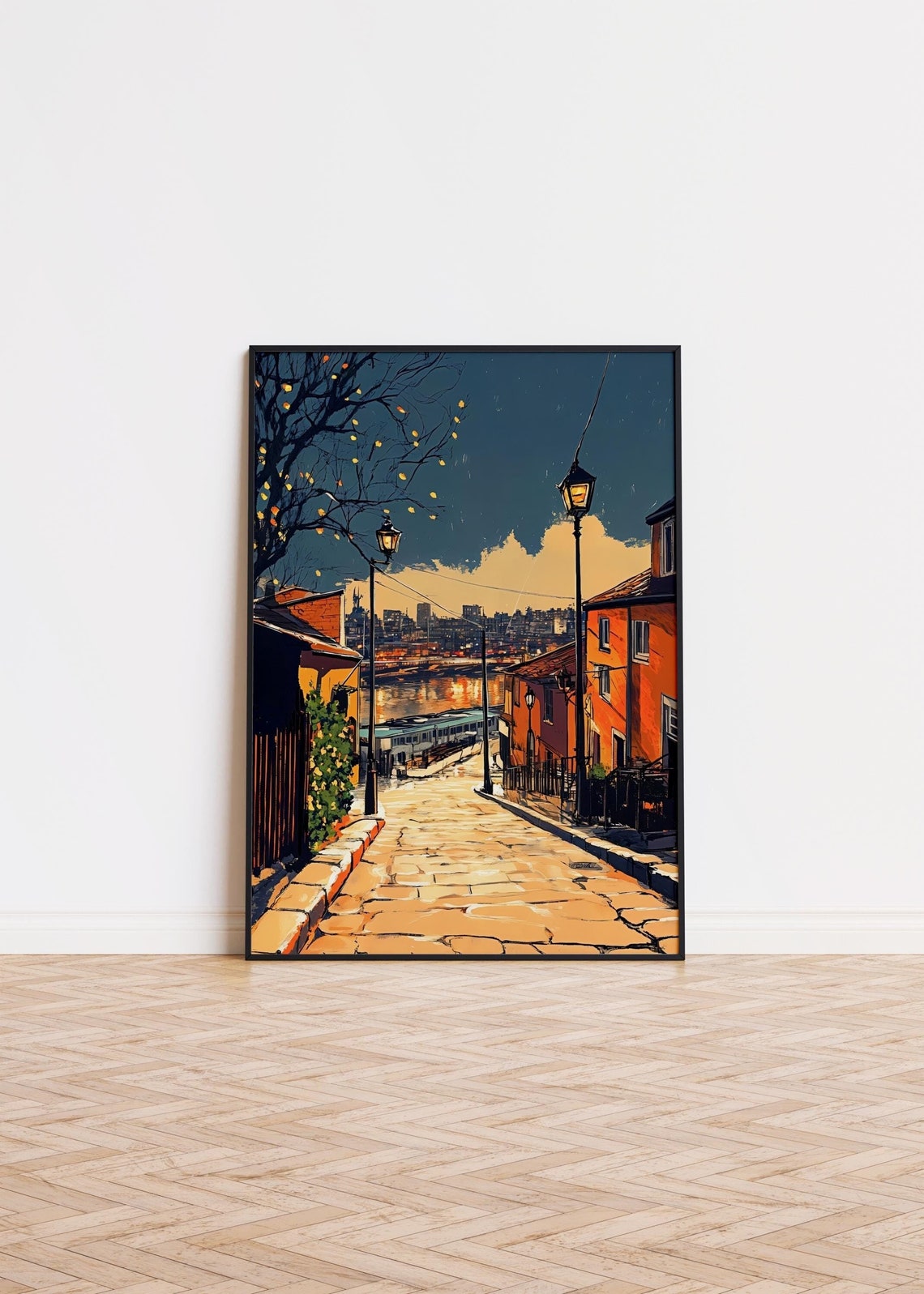 Evening Riverside Old Town Street Lamps Cityscape Art Poster