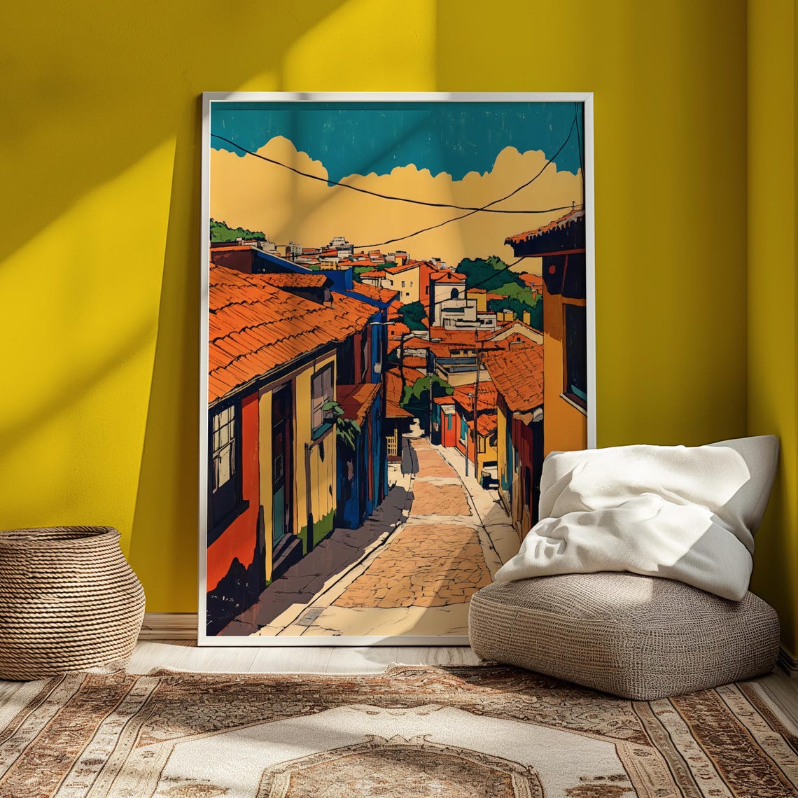 Vibrant Retro Colorful Cobblestone Street Old Town Art Poster - Image 5