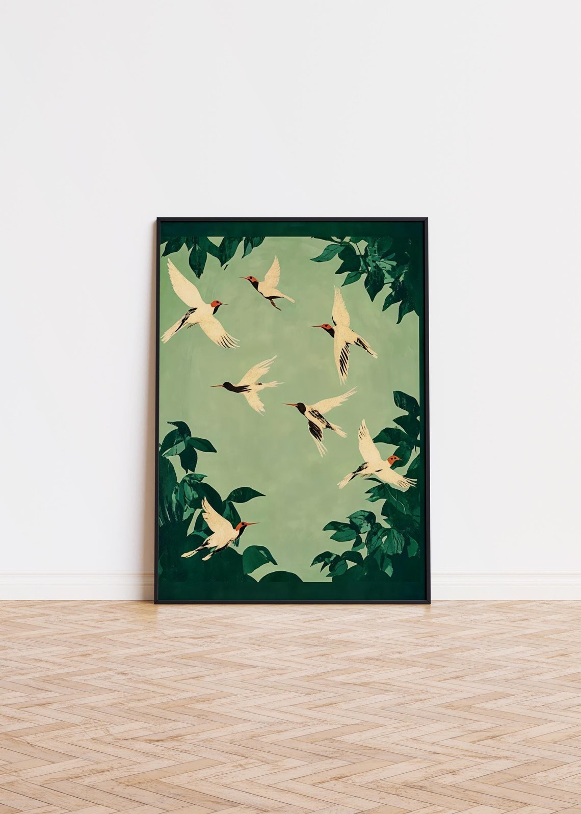 Elegant Green Japanese Cranes Flying Emerald Bird Flock Art Poster