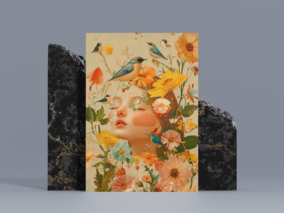Vintage Floral Lady Portrait Yellow Poppies Birds Art Poster - Image 2