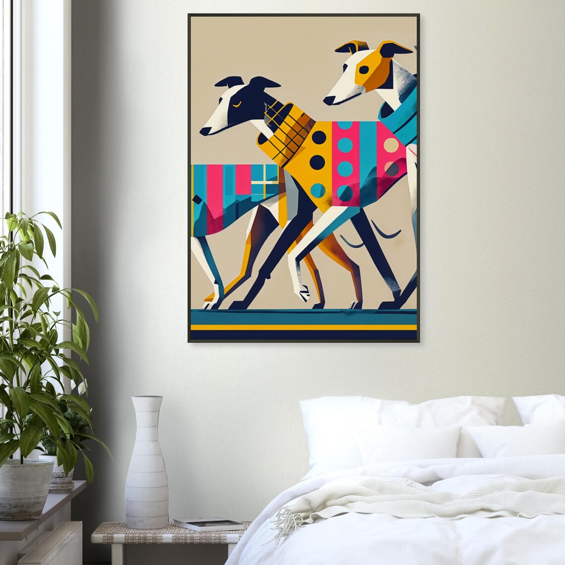 Greyhound Friends Playful Polka Dot Striped Sweater Dog Art Poster - Image 3