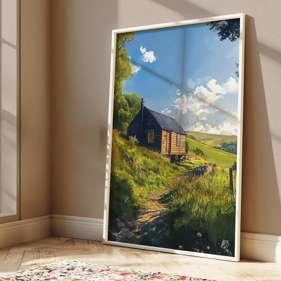 Cozy Cabin In Sunny Green Countryside Wildflower Meadow Art Poster - Image 2