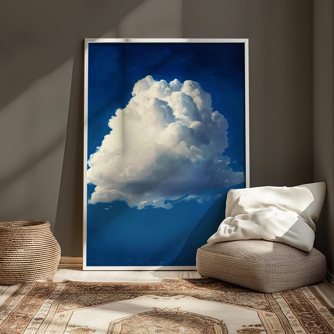 Lone White Cumulus Cloud Deep Blue Sky Minimalist Art Poster - Image 4
