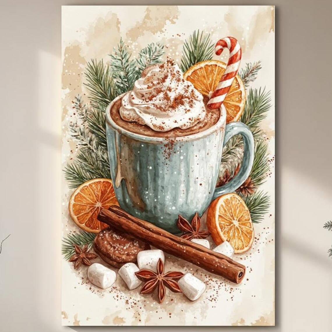 Festive Hot Chocolate Mug Whipped Cream Holiday Watercolor Poster