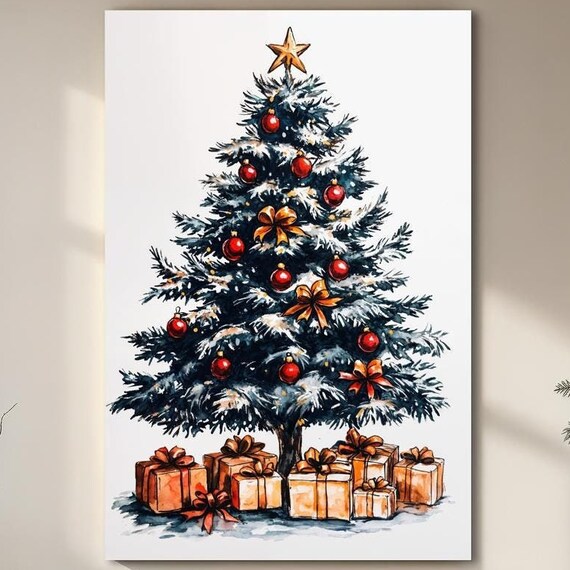 Elegant Decorated Christmas Tree With Gifts Watercolor Holiday Poster