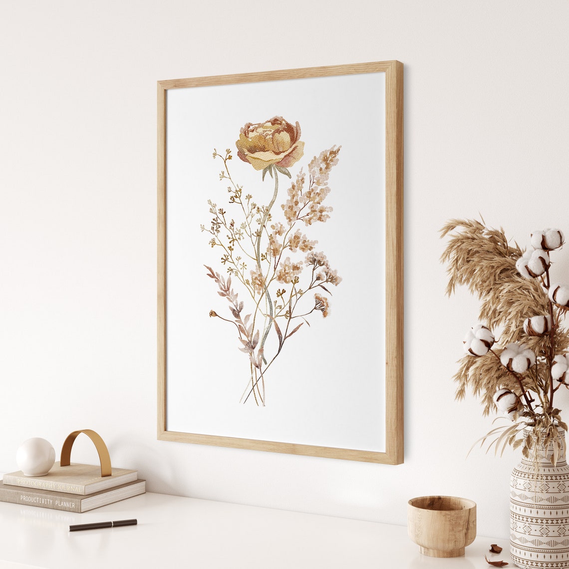 Beige Wildflower Bouquet Watercolor Neutral Botanical Art Poster - Image 3