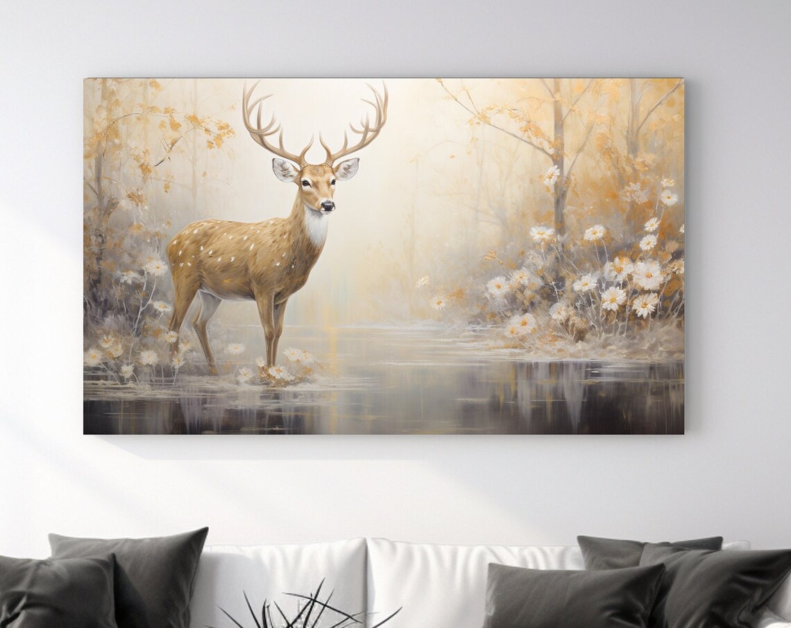 Golden Deer Painting Nature Print, Holiday Decor