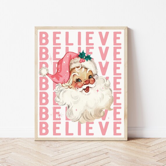 Pink Retro Santa Believe Christmas Vintage Blush Wall Decor Poster