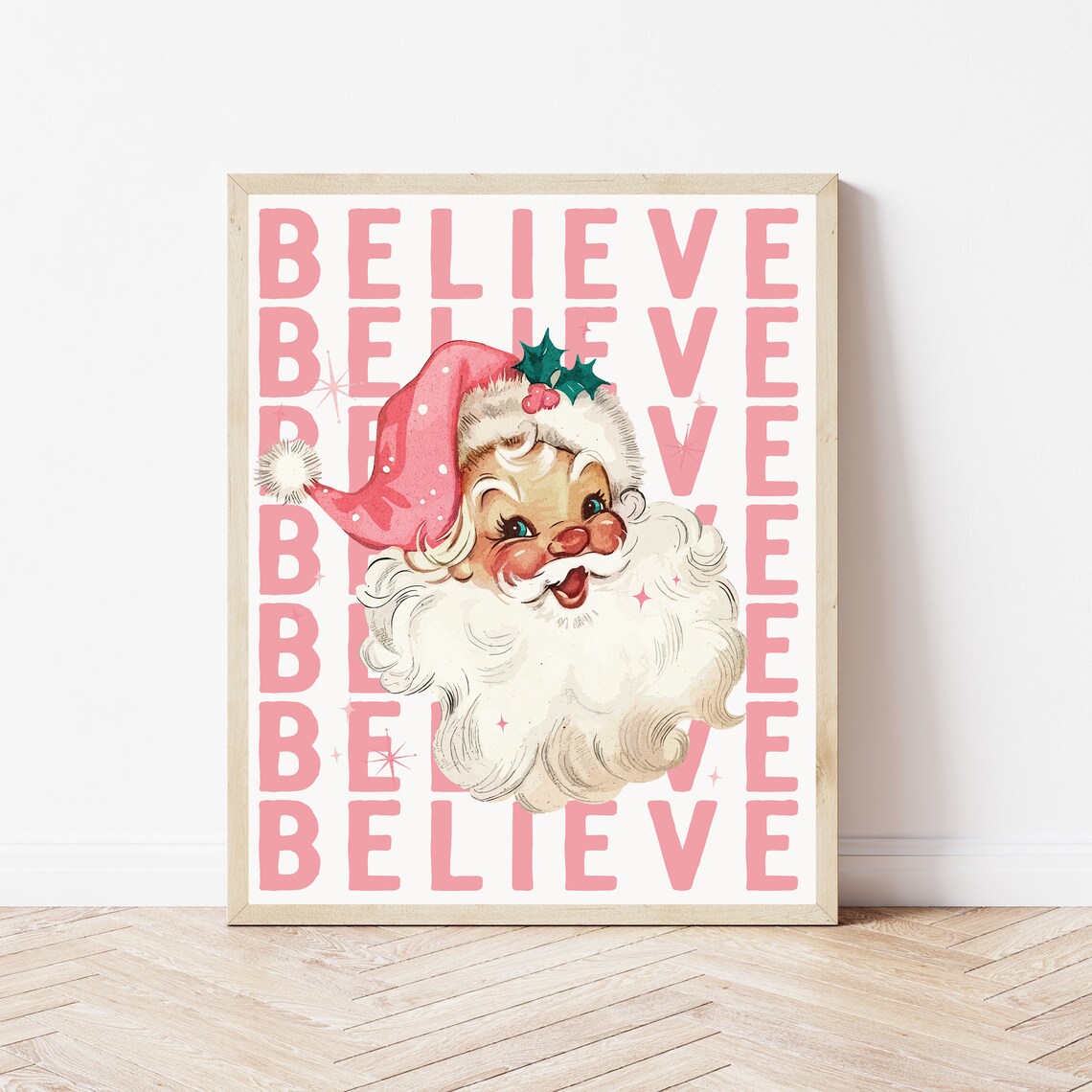 Pink Retro Santa Believe Christmas Vintage Blush Wall Decor Poster