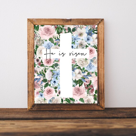 He Is Risen Cross Watercolor Floral Easter Christian Spring Art Poster