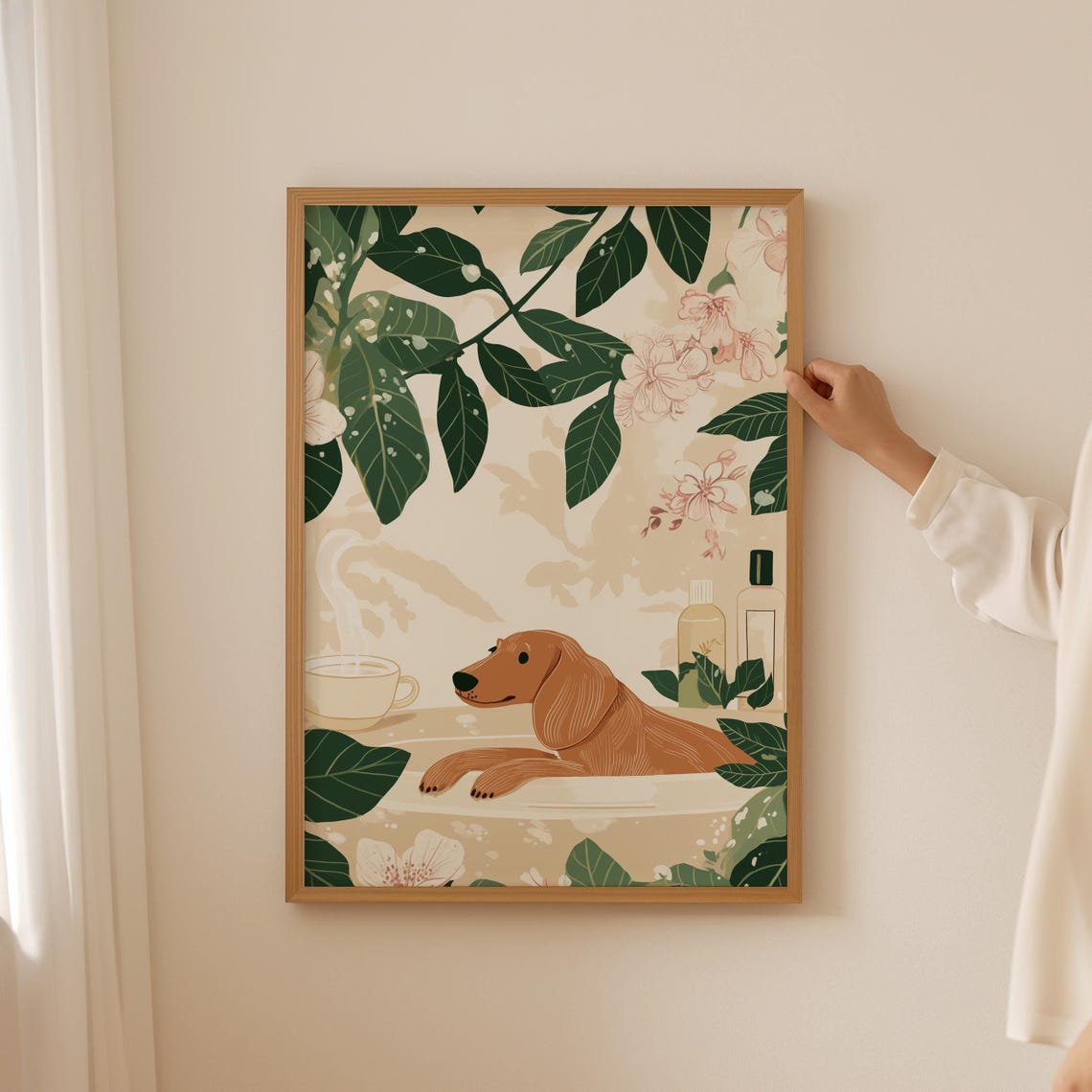 Bath Time Dachshund Relaxing in Tub with Botanical Leaves Poster
