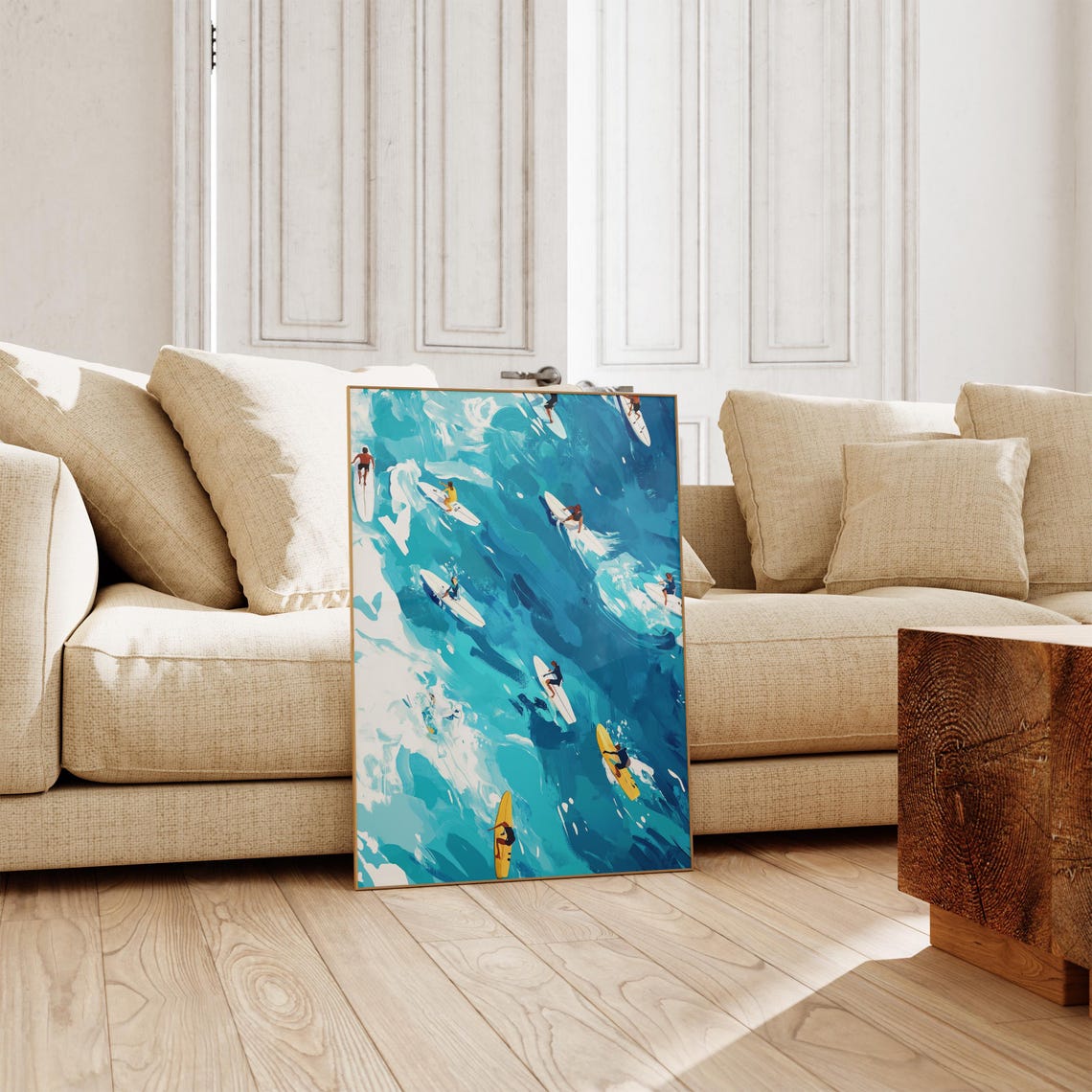 Aerial Surfers Riding Turquoise Waves Watercolor Ocean Poster - Image 3