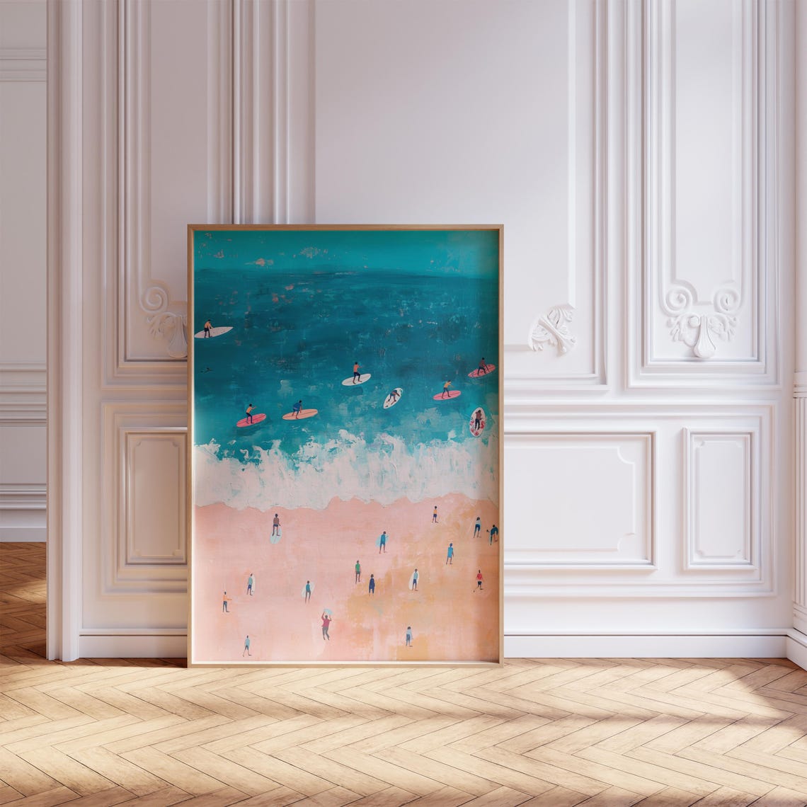 Aerial Surf Beach Painting Poster Surfers Pink Sand Ocean Decor Art