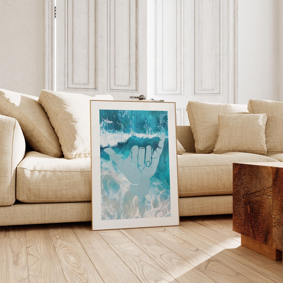 Shaka Hand Sign Teal Ocean Wave Surf Minimalist Sea Art Poster - Image 3
