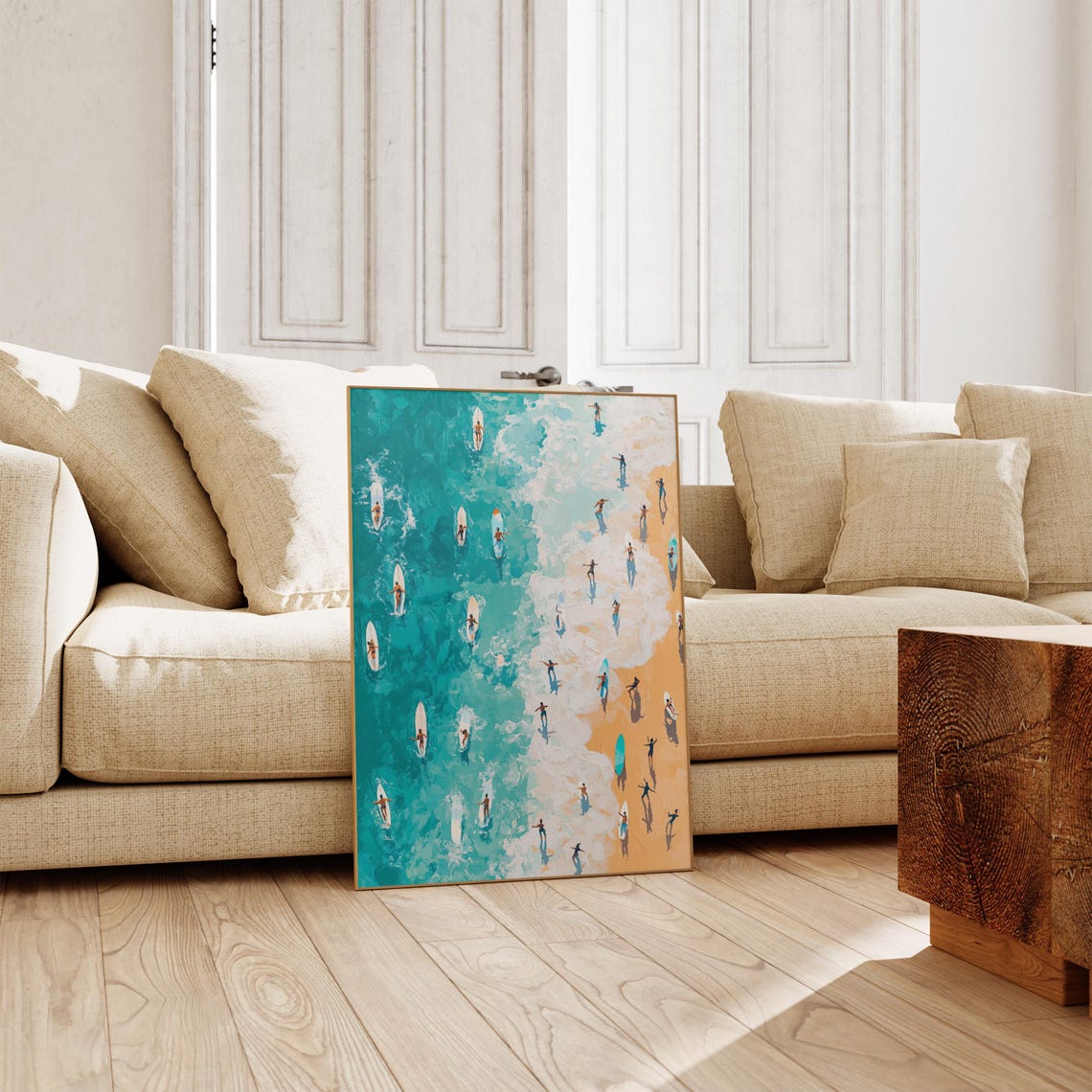 Aerial Surfers Turquoise Ocean Beach Painting Top View Poster - Image 3