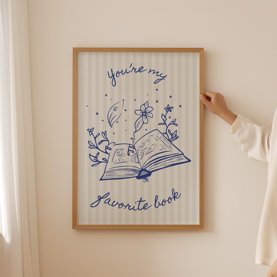 Youre My Favorite Book Blue Line Open Book Floral Decor Poster