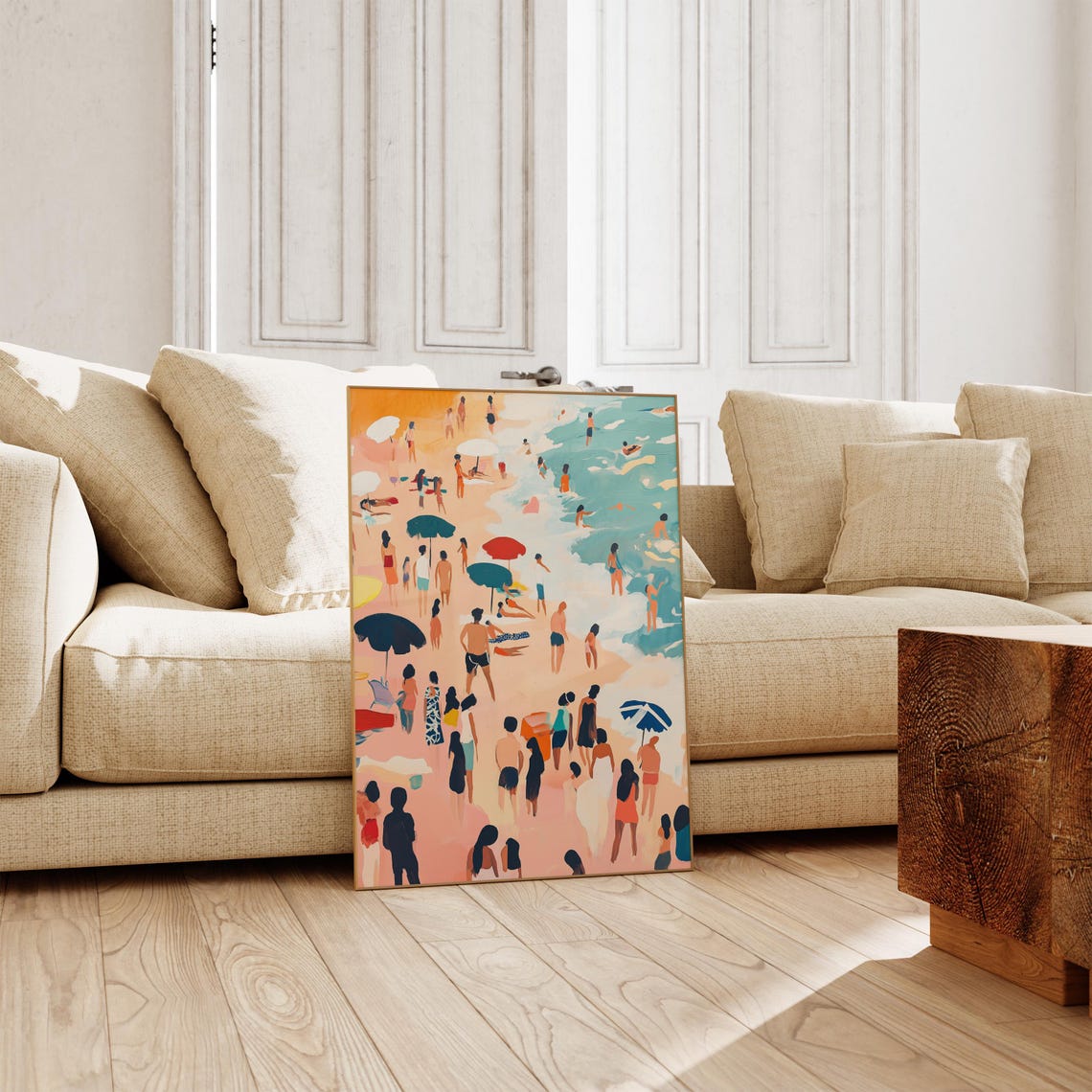 Crowded Beach Painting Colorful Swimmers Umbrellas Summer Poster - Image 3