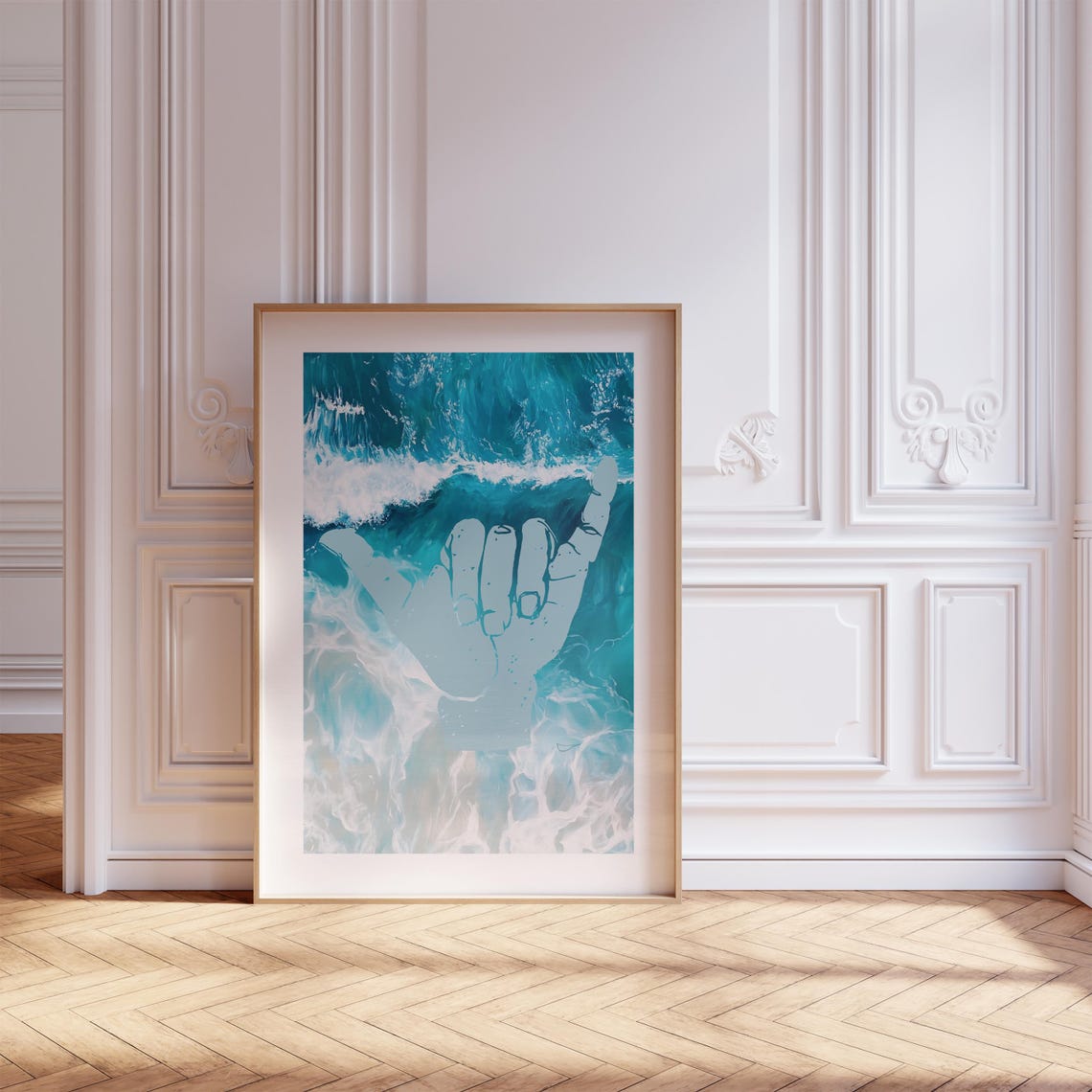 Shaka Hand Sign Teal Ocean Wave Surf Minimalist Sea Art Poster