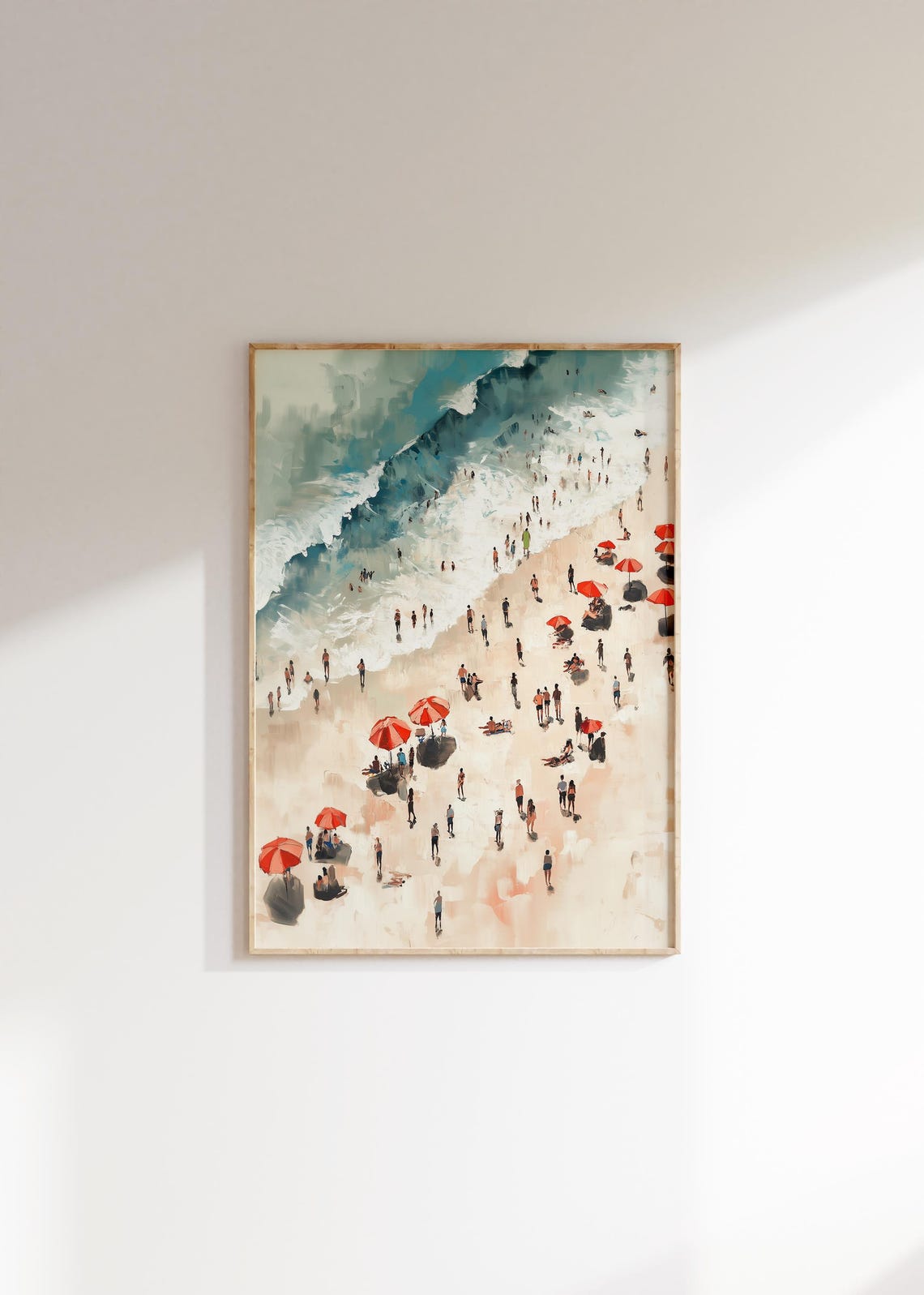 Aerial Beach Watercolor Red Umbrellas Crowd Seaside Art Poster - Image 4