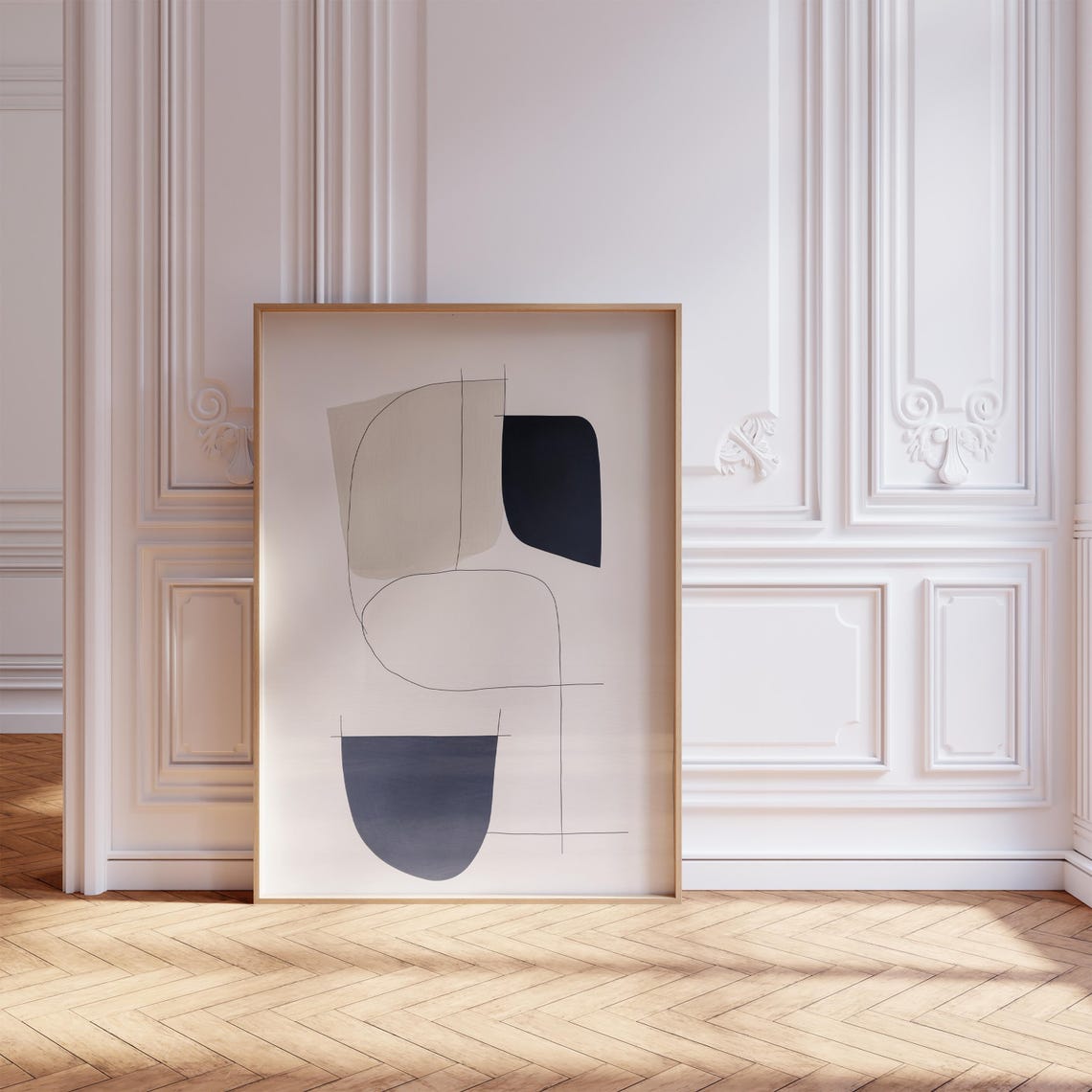 Minimal Geometric Line Art Beige Black Abstract Modern Decor Poster - Image 3