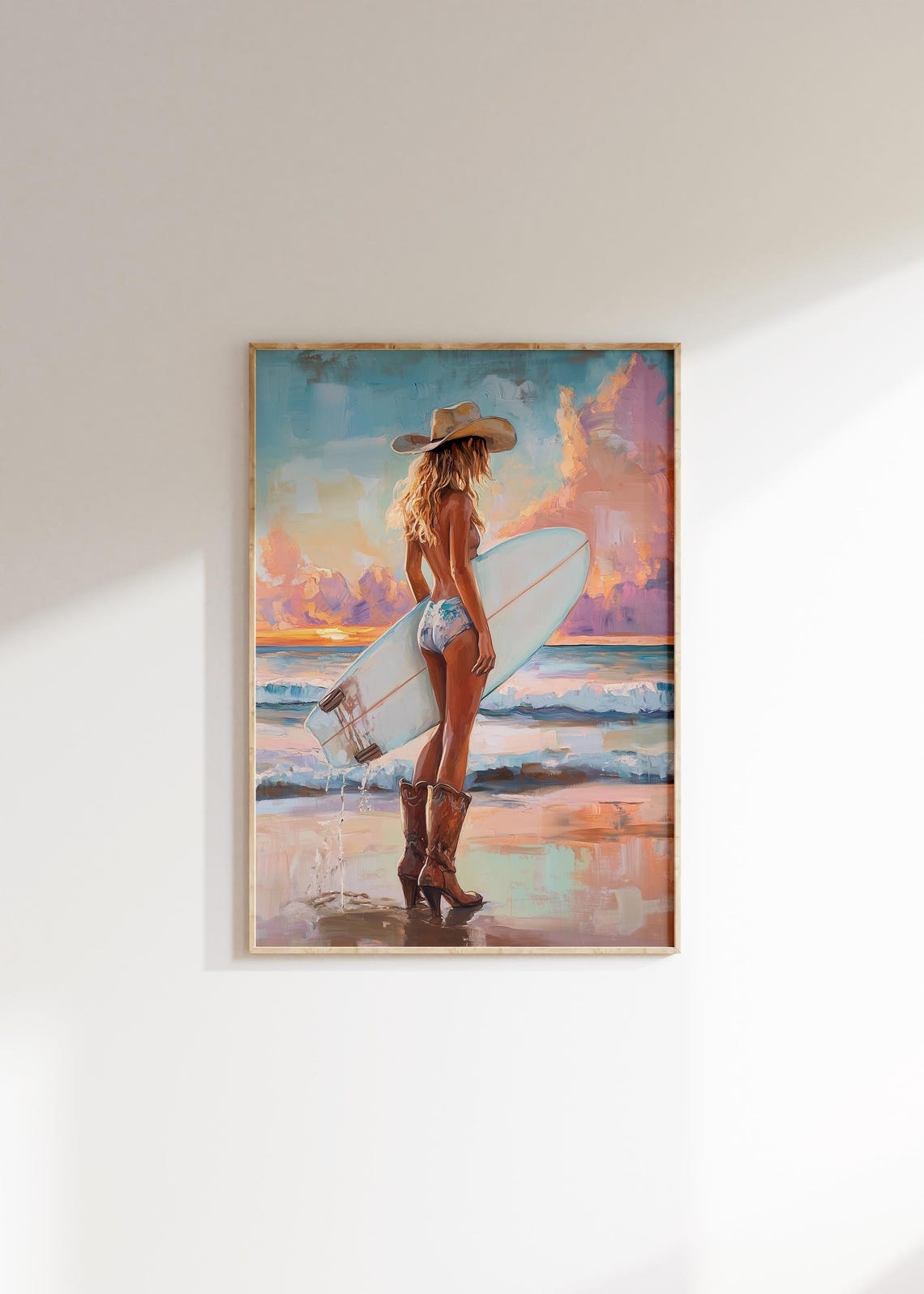 Cowgirl Surfer Sunset Beach Painting Poster Ocean Waves Decor - Image 4