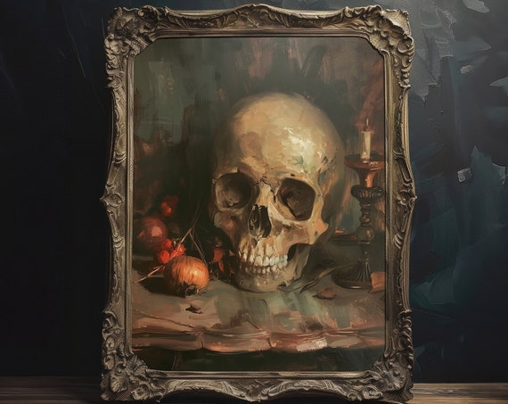 Vintage Skull Oil Painting Wall Art Macabre Dark Acadamia Wall Art Dark Moody Still Life Painting Goth Decor