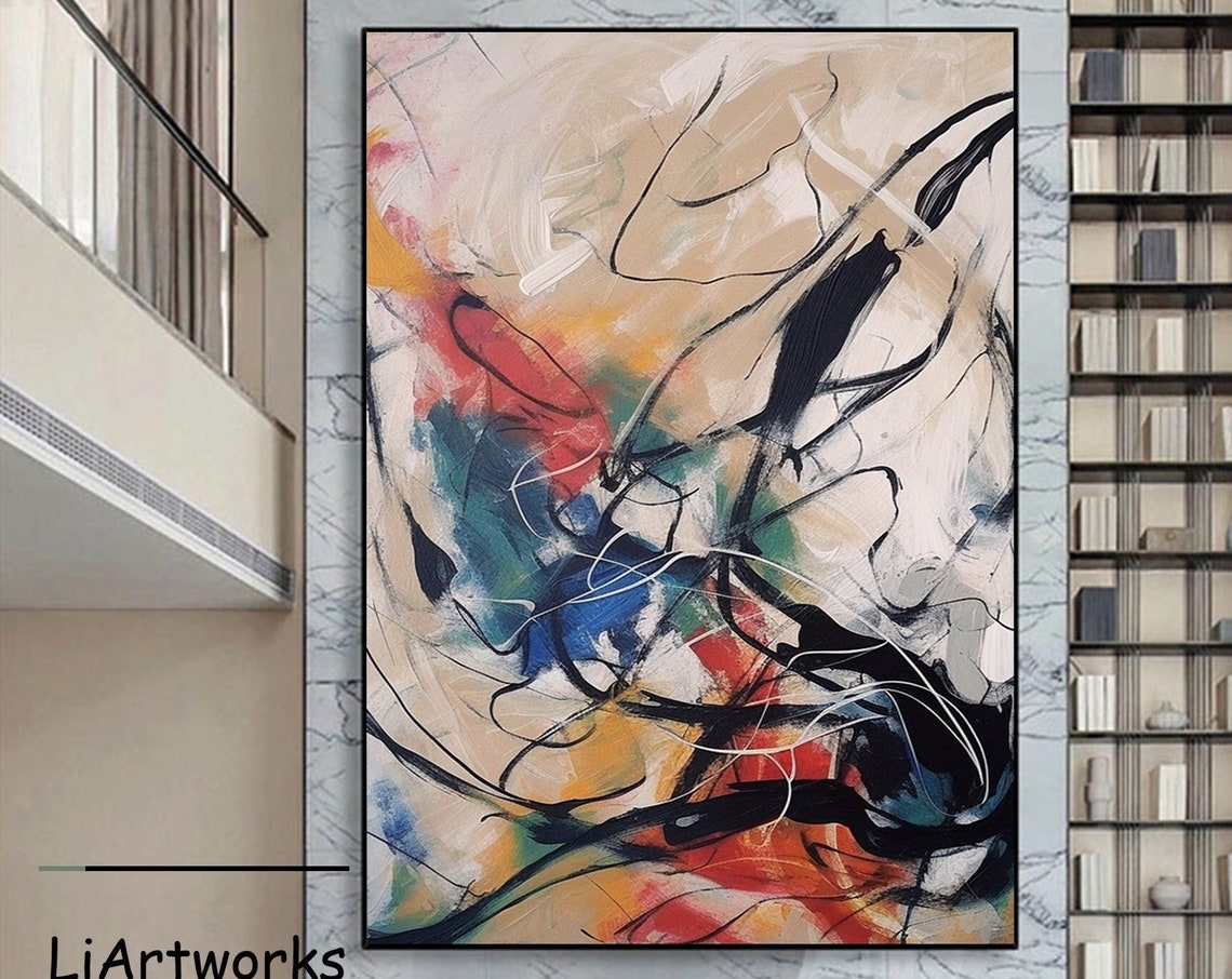 Black Ink Lines With Color Splashes Abstract Expression Poster