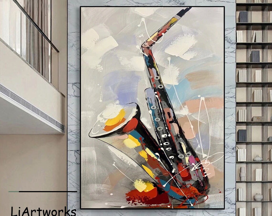 Abstract Colorful Saxophone Jazz Instrument Painting Bold Music Poster