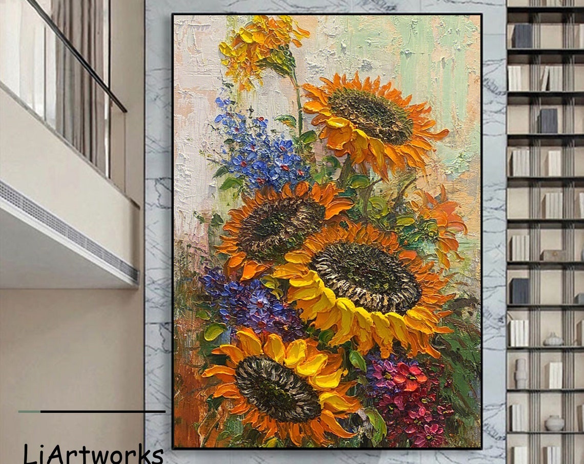 Impasto Sunflowers with Blue Blossoms Thick Texture Floral Art Poster
