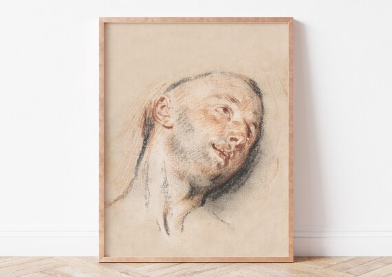 Antoine Watteau Head of a Man Red Chalk Vintage Portrait Study Art Print