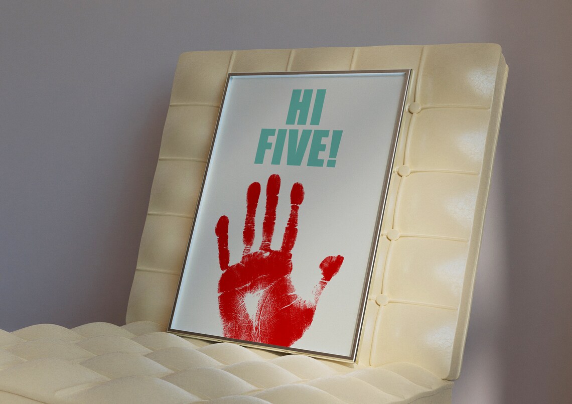 Hi Five Bold Red Hand Teal Typography Playful Kids Room Poster
