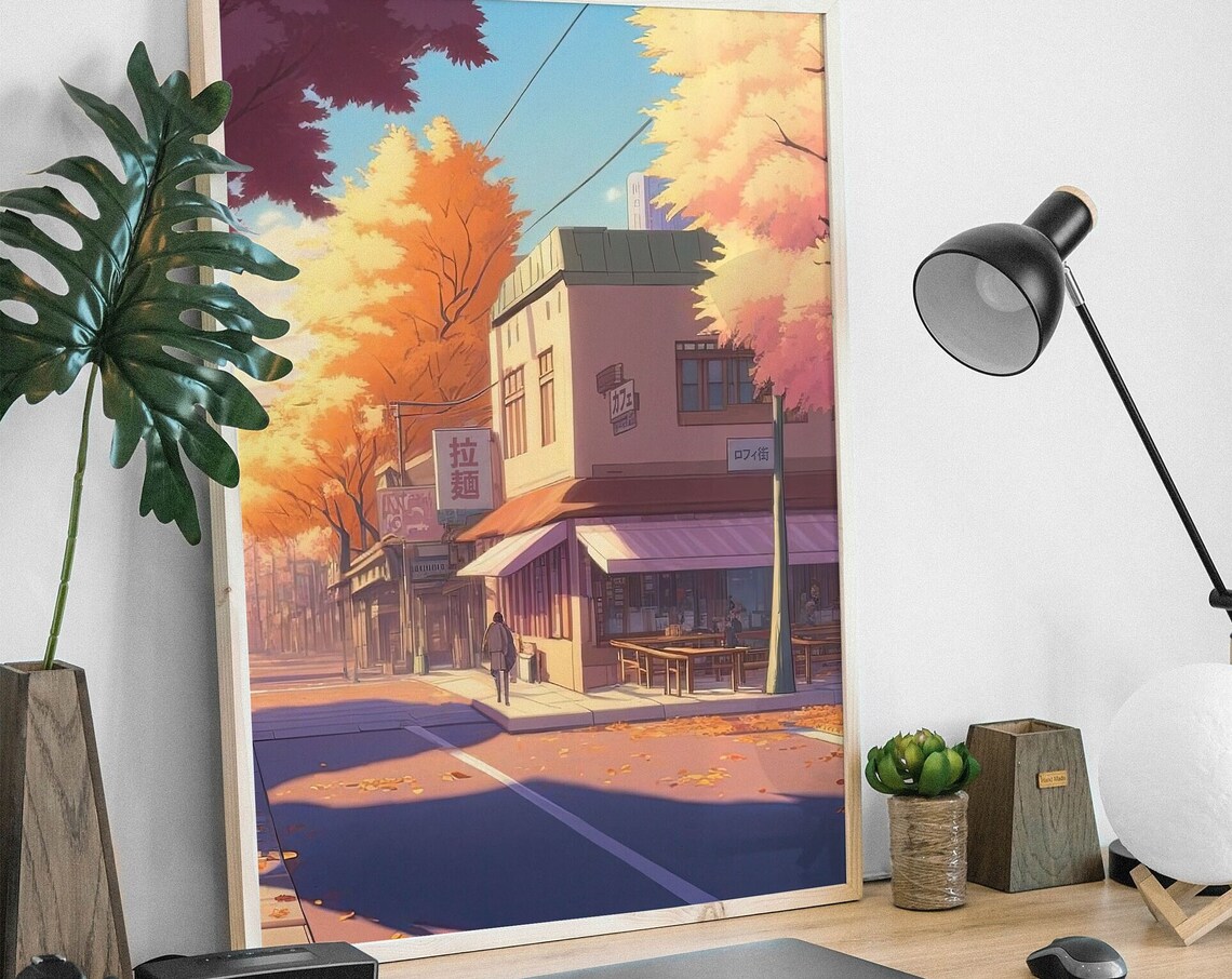 Anime Japanese Autumn Street With Ramen Shop and Golden Trees Poster - Image 2