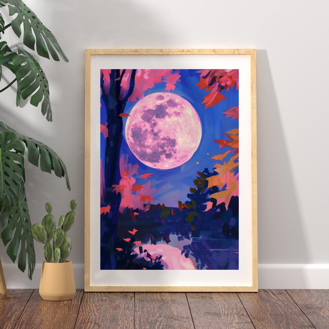 Pink Full Moon Rising Over a Blue Moonlit Forest Lake Art Poster
