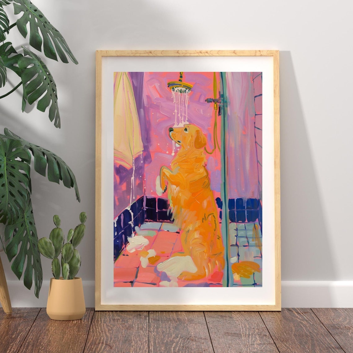 Golden Retriever In Shower Poster Colorful Funny Bathroom Artwork