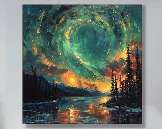 Auroramysterious Night Sky Dreamy Colors Expressionist Modern Painting Elegant Interior Decorative Art Office Decor Wall Hanging Art
