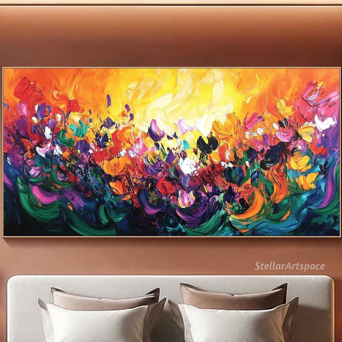 Fiery Flower Bloom Explosion Orange Red Pink Impasto Art Print