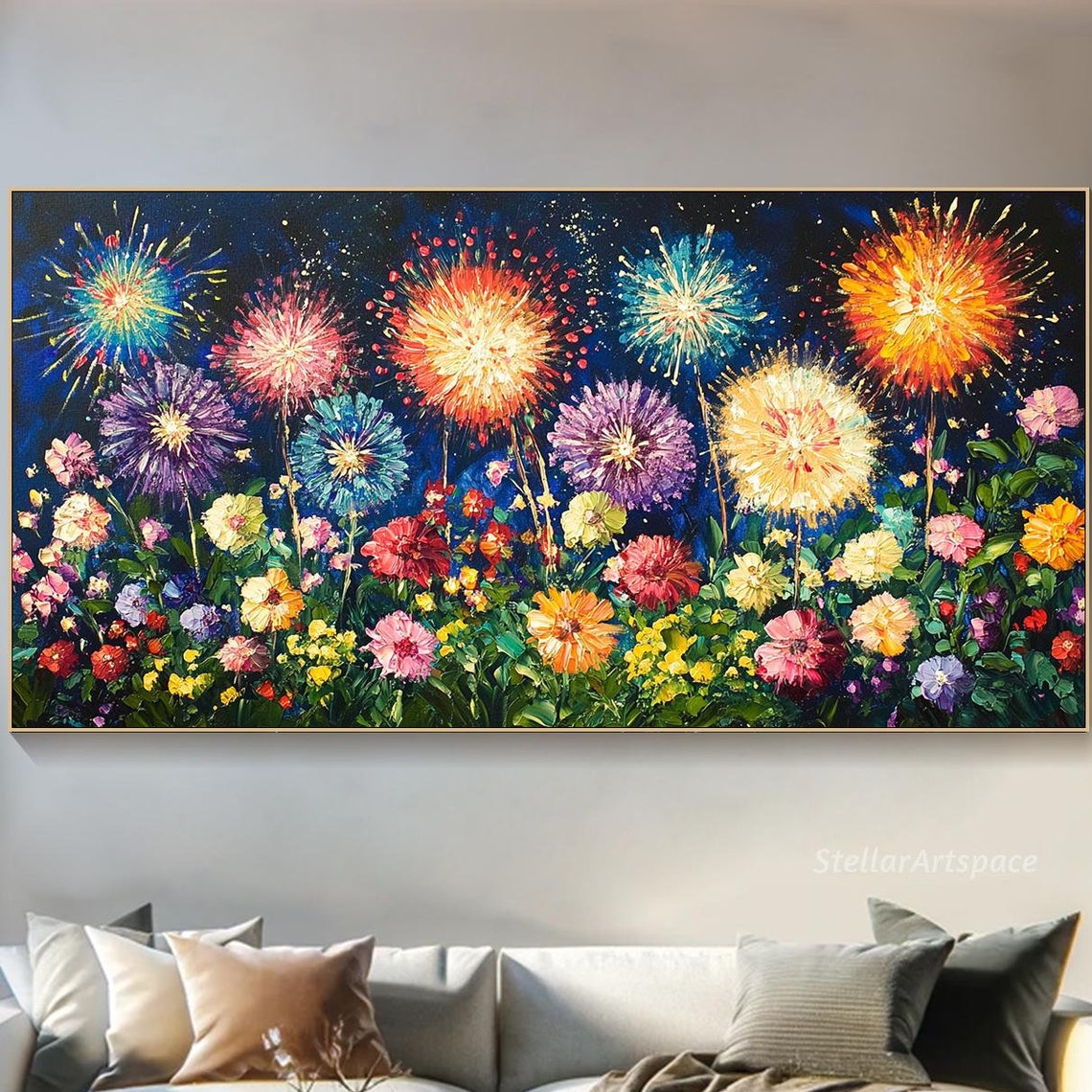 Fireworks Over Colorful Flower Field Night Sky Celebration Poster