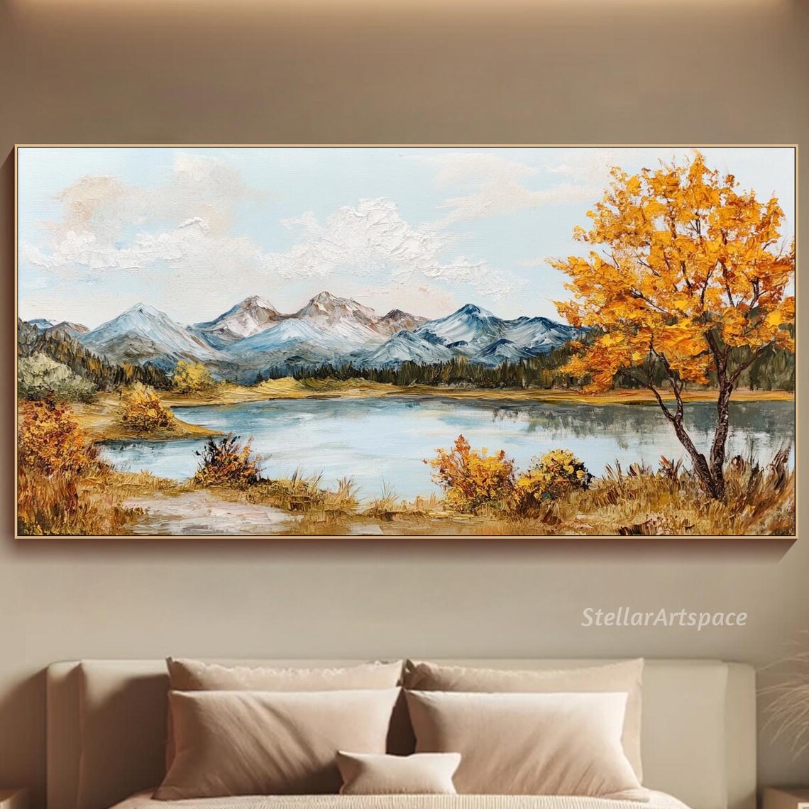 Autumn Mountain Lake Snow Capped Peaks Golden Fall Foliage Art Poster