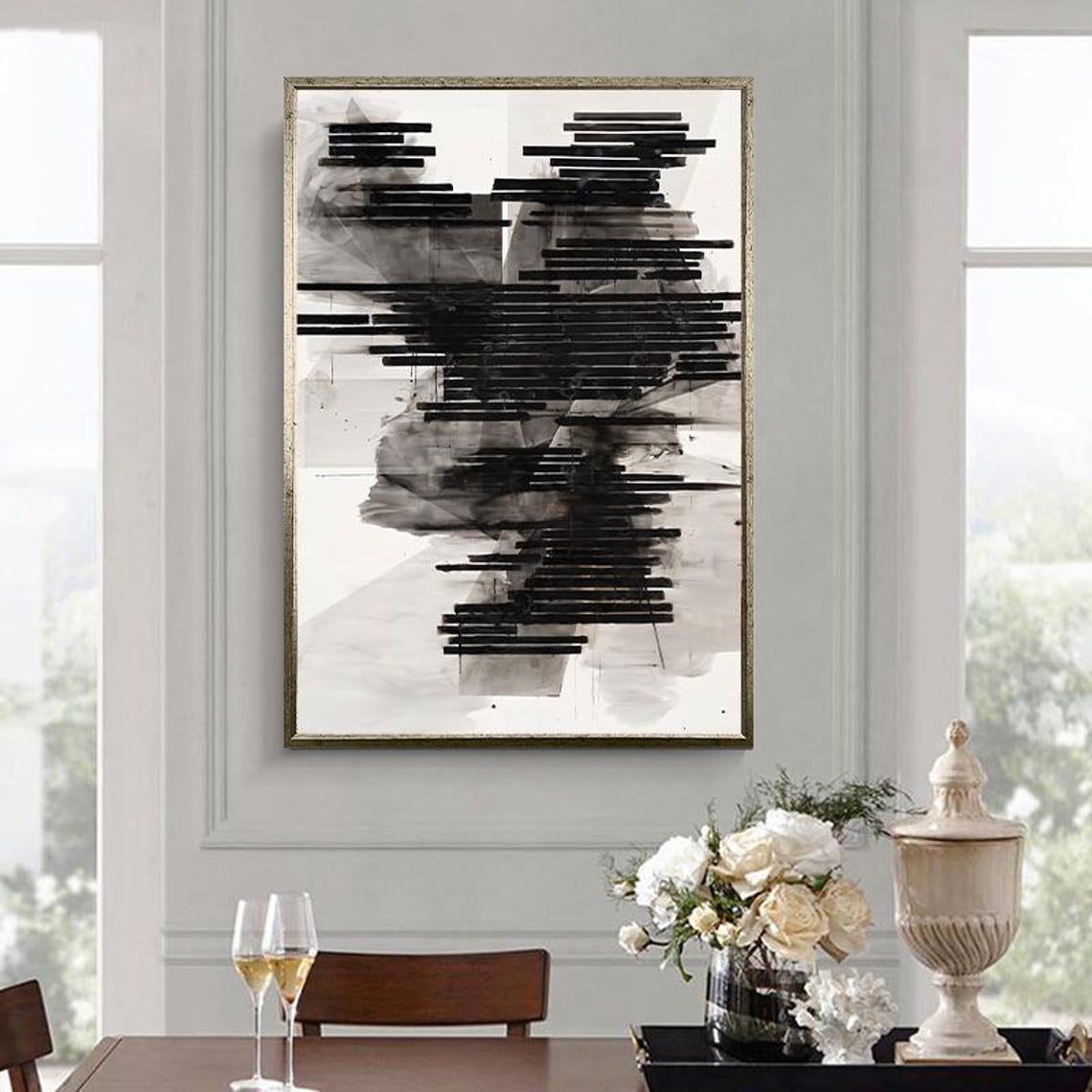 Black and White Horizontal Brushstroke Bars Abstract Art Poster - Image 4