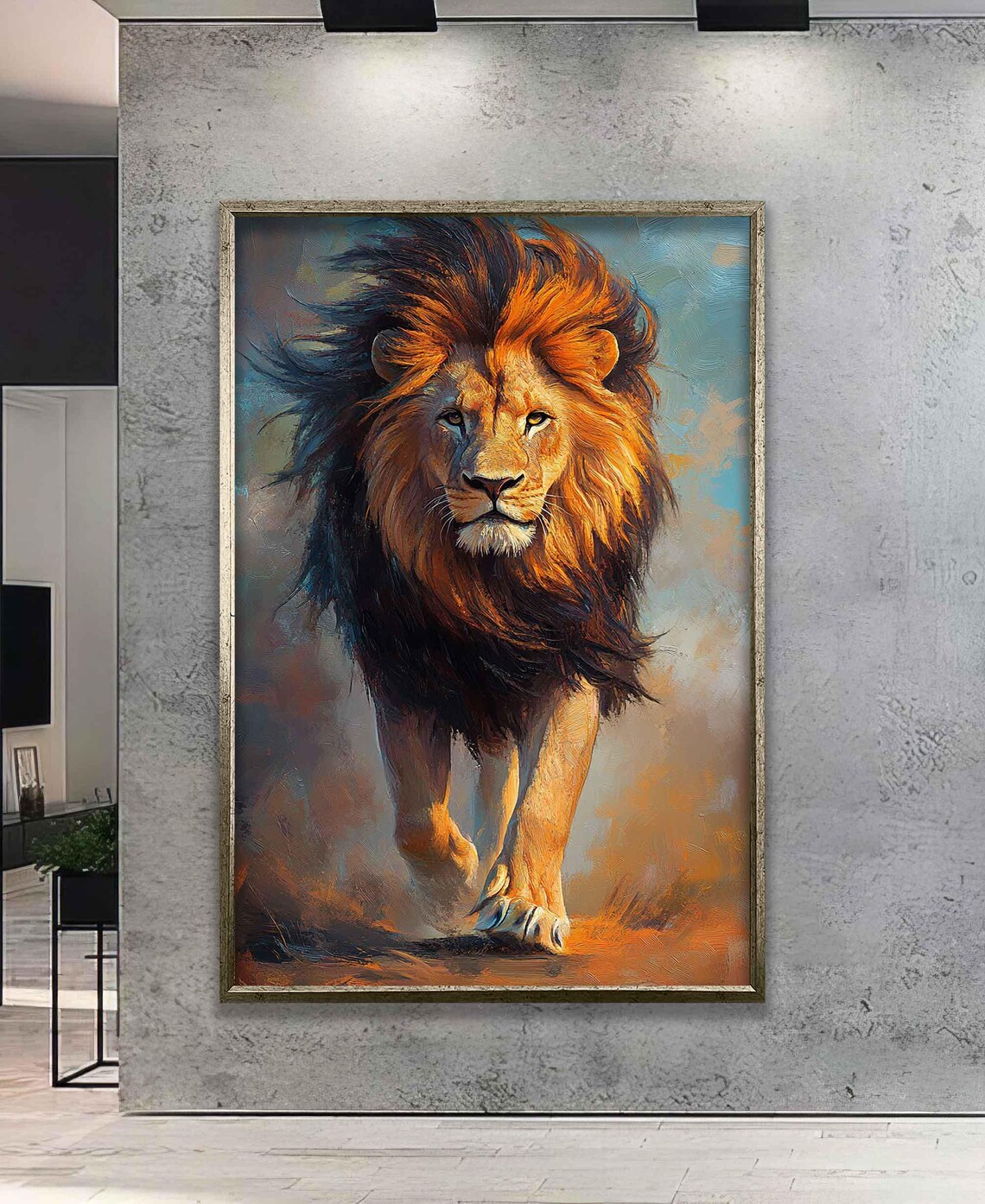 Majestic Lion Walking Colorful Windblown Mane Oil Painting Poster - Image 2
