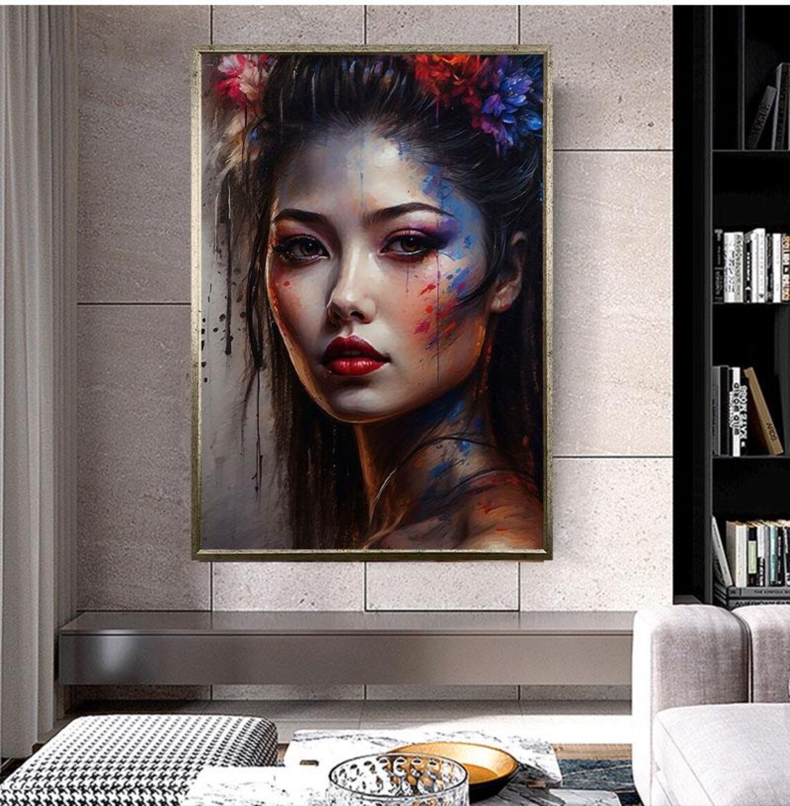 Geisha Beauty Portrait With Floral Hair Paint Drip Japanese Art Poster - Image 5