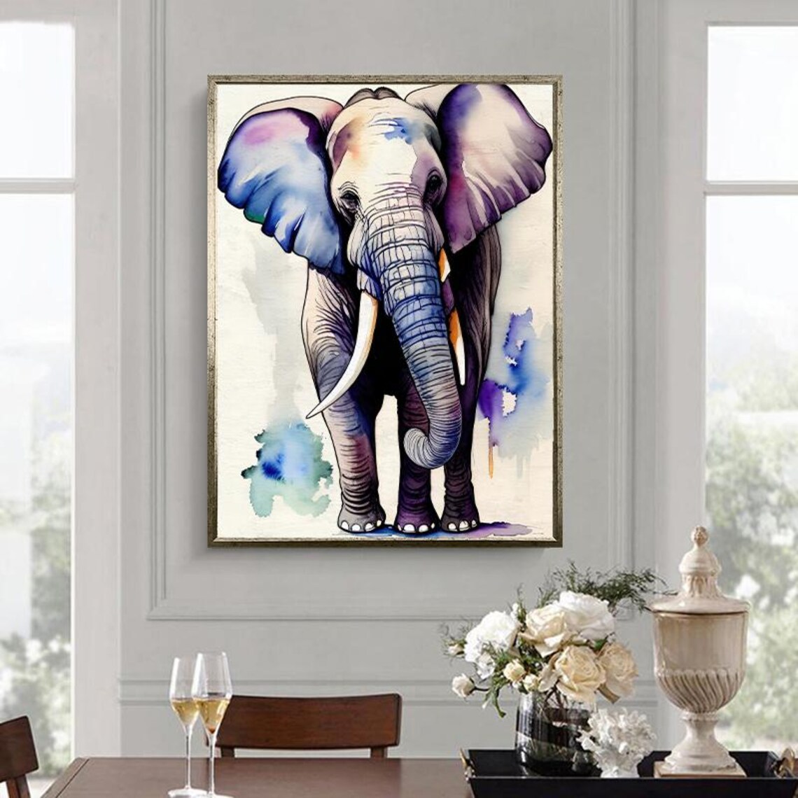Gentle Watercolor Elephant in Blue Purple Washes Wildlife Poster - Image 3