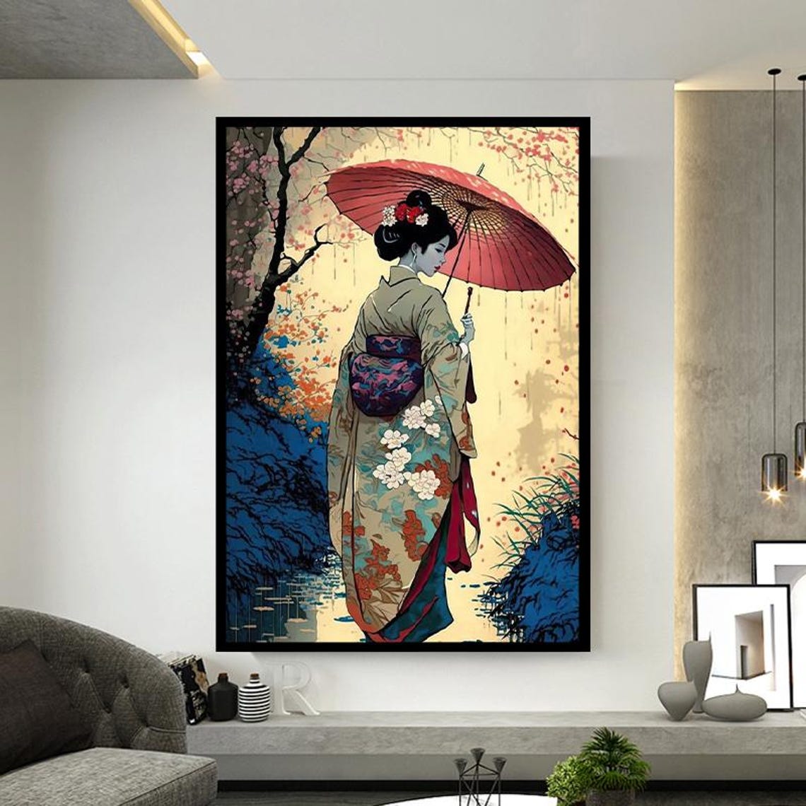 Geisha In Kimono With Red Parasol Classic Ukiyo-e Style Wall Poster - Image 2