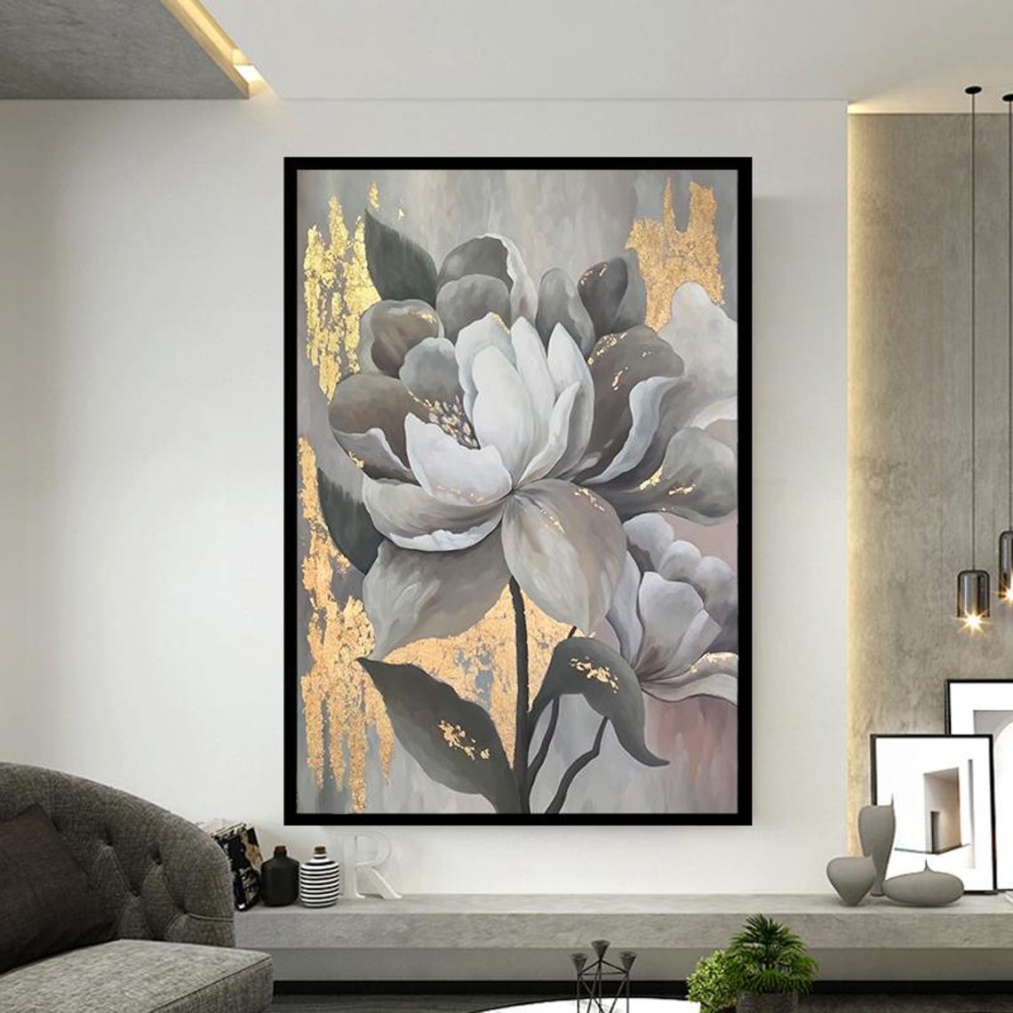 White Grey Blossoms With Gold Leaf Elegant Floral Art Poster - Image 2