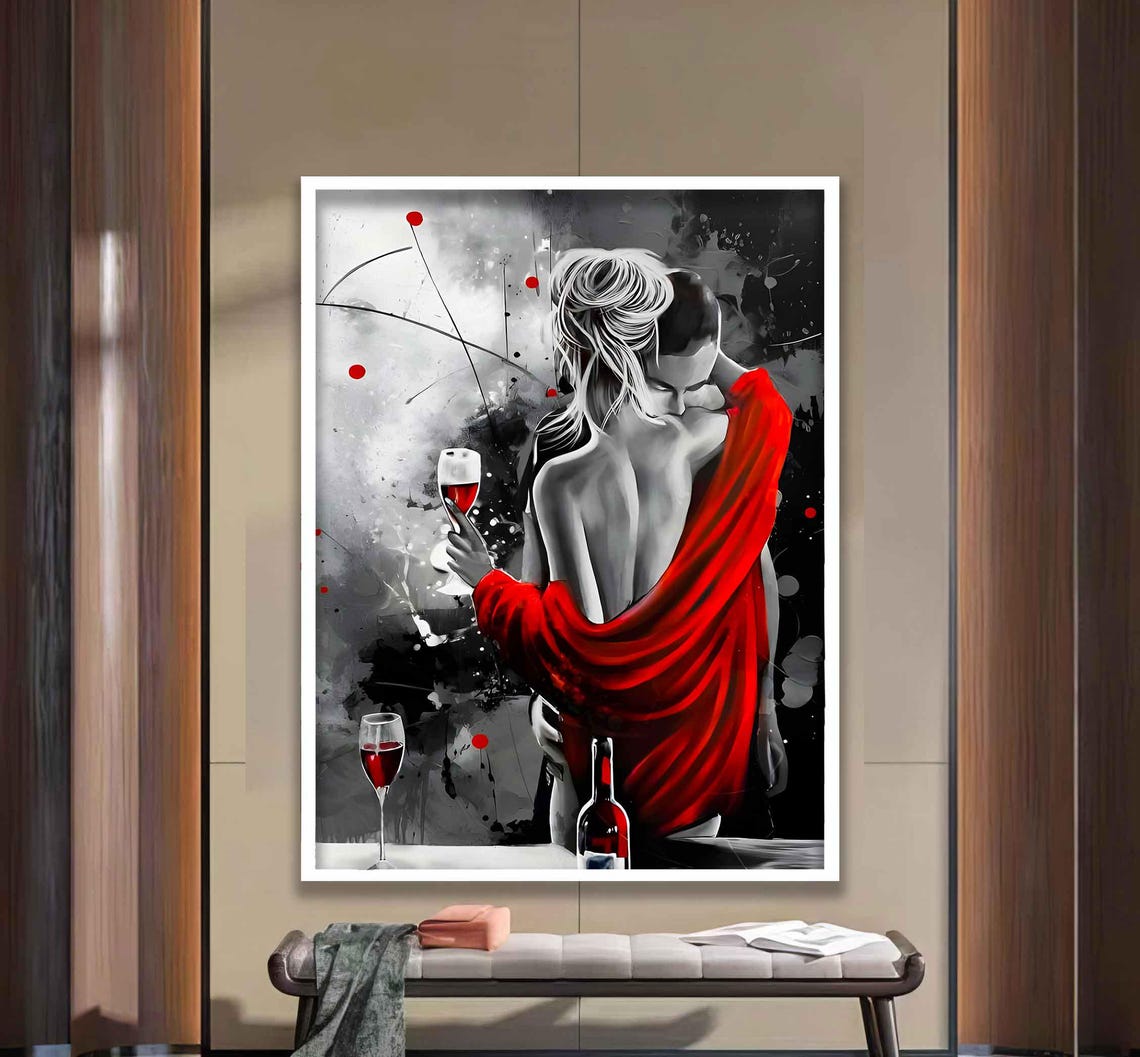 Elegant Woman With Wine Glass Draped In Flowing Red Silk Wall Art - Image 2