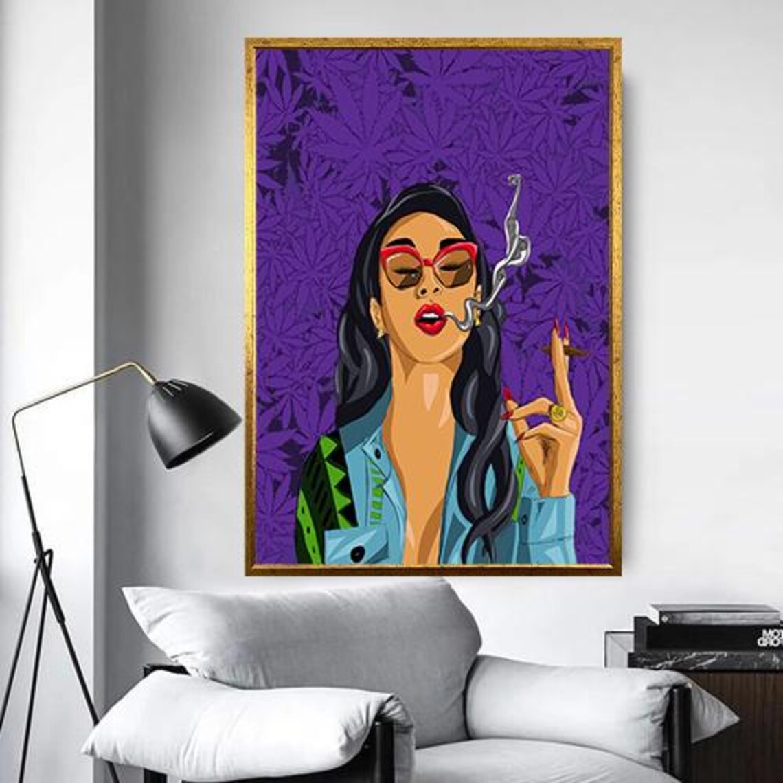 Pop Art Woman Smoking Against a Purple Cannabis Leaf Pattern Poster - Image 5