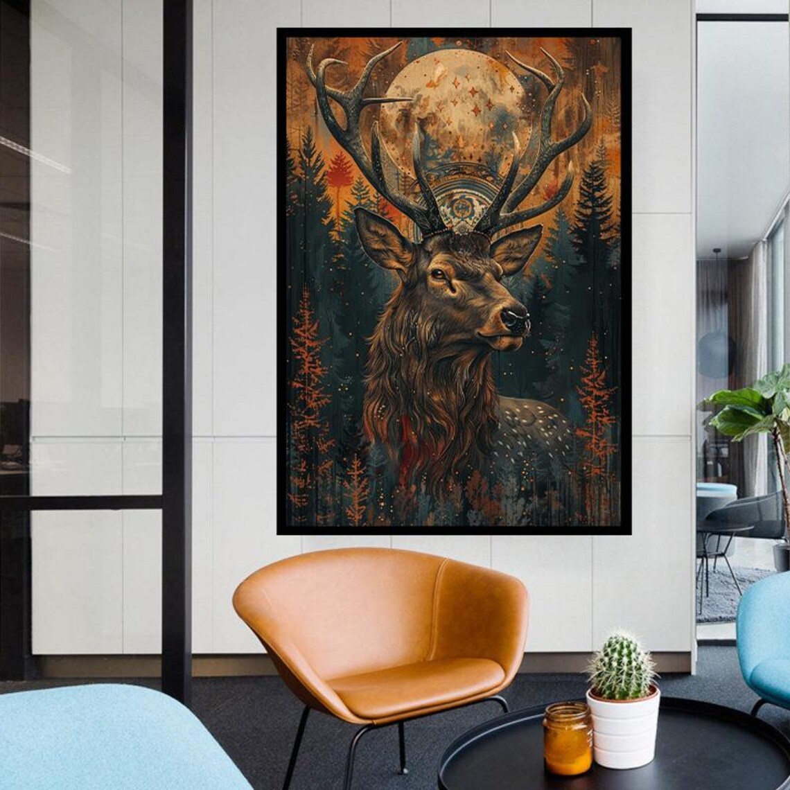 Moonlit Stag Portrait Under A Full Moon In An Autumn Pine Forest Wall Art - Image 3