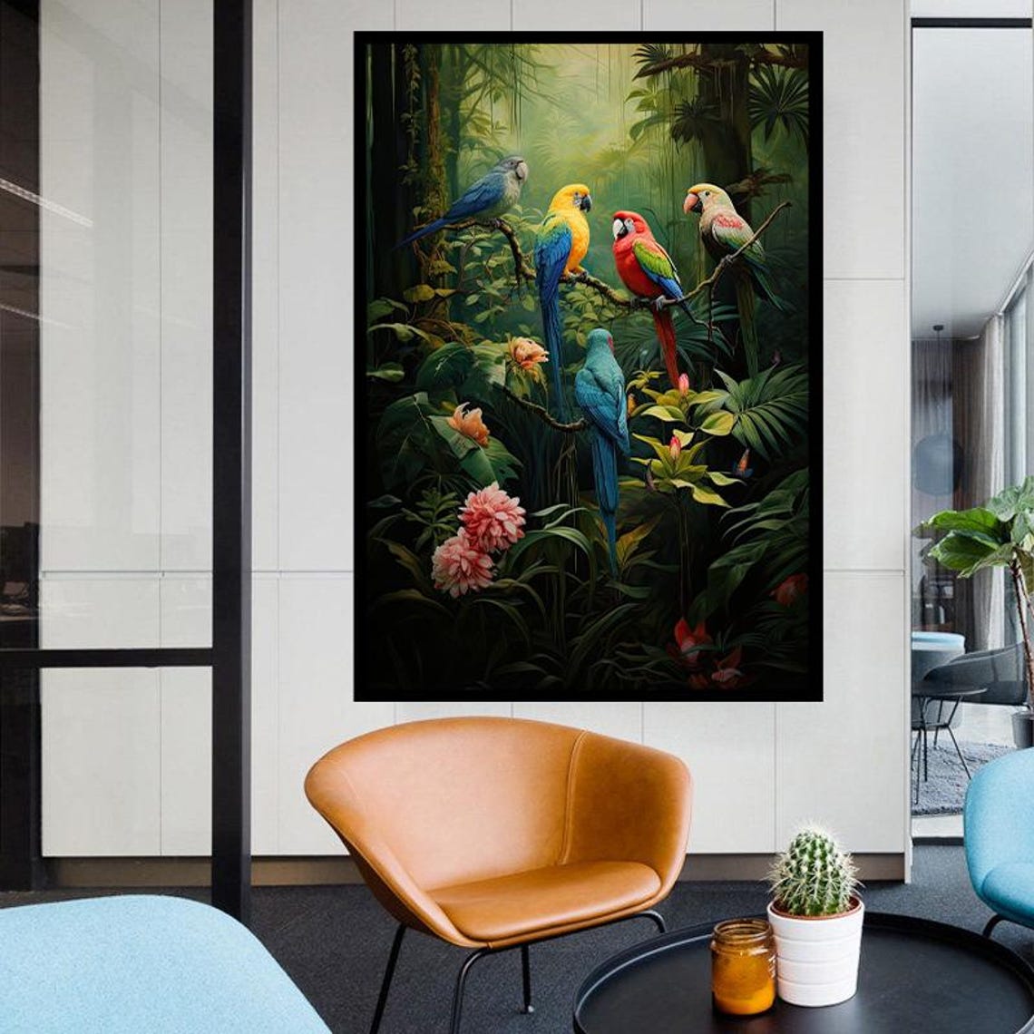 Five Colorful Parrots Perched In Lush Tropical Jungle Art Poster - Image 3
