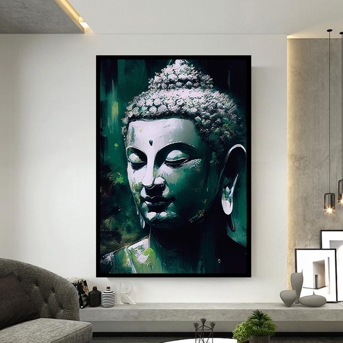 Emerald Green Buddha Face Serene Spiritual Painting Wall Art - Image 2