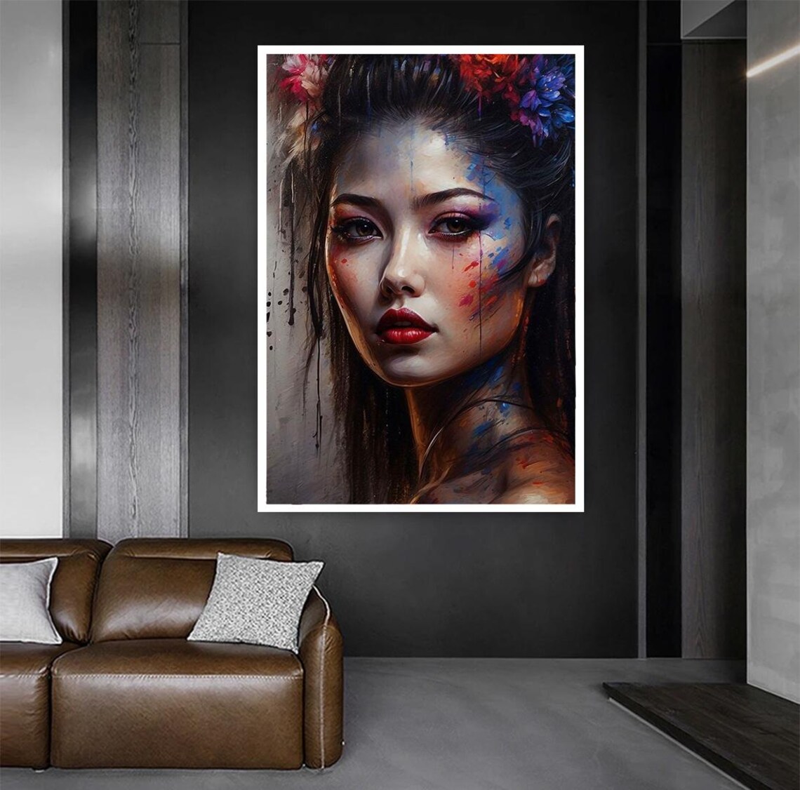 Geisha Beauty Portrait With Floral Hair Paint Drip Japanese Art Poster - Image 3